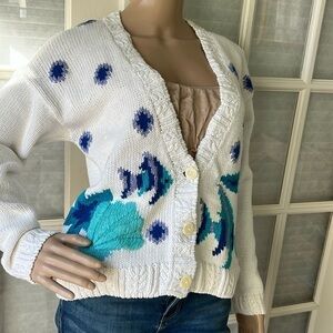 Melbourne elements Vntg 80s off-white cable knit cardigan embroidered fish theme